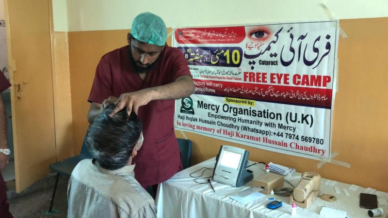 A doctor examining a patient's eyes beside a Free Eye Camp banner.